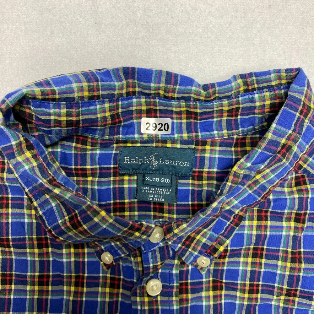 Ralph Lauren Shirt Boys XL Blue Long Sleeve Red Pony Plaid Button Down